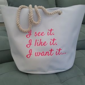 White Ariana Grande 7 Rings Themed Tote, pink font